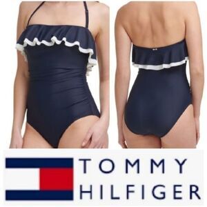 Tommy Hilfiger Women's navy & White Ruffled One-Piece Bandeau Swimsuit Size 16